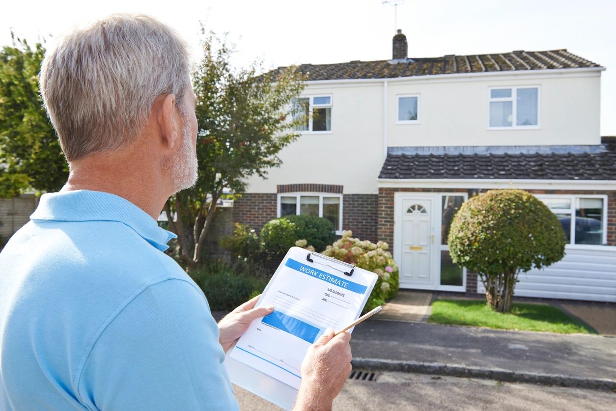 An old man looking at a work estimate of a house